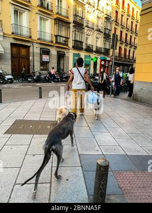 Madrid, Spanien - 1. Mai 11 2020: Blick auf die Festungsfahnen und Banner auf den Gebäuden der Stadt, nach der totalen Sperrung in Madrid durch Coronavirus (CO Stockfoto