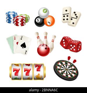 Symbole für Casino-Spiele. Spielkarten Bowling Domino Darts Würfel Vektor realistische Illustrationen von Spielwerkzeugen Stock Vektor