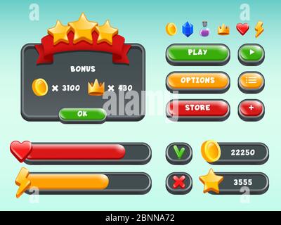 Spiele gui gesetzt. Symbole und Elemente der Benutzeroberfläche für mobile Spiele farbige Schaltflächen Statusleiste Bänder beiläufige Build-Vektoren Stock Vektor