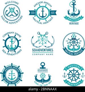 Marine-Logo. Nautisches Vektor-Emblem mit Schiffsankern und Lenkrädern. Kreuzfahrtschiff Seemann monochrome Symbole für Abzeichen Stock Vektor