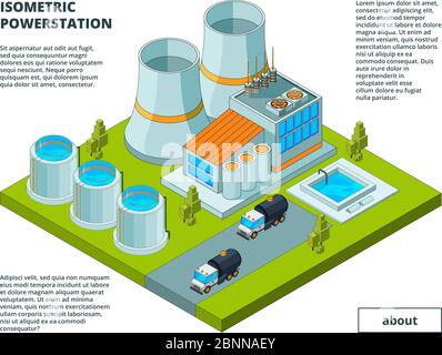 Elektrofabrik. Kraftwerkswerkzeuge für die elektrische Erzeugung Gebäude mit Turbinenröhren Produktion unterstützen Vektor isometrische Gebäude Stock Vektor