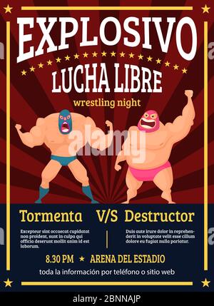 Lucha Libre Poster. Retro Plakat angekündigt Kampf Kampf der mexikanischen Ringer luchador Vektor Muskel-Charaktere Stock Vektor