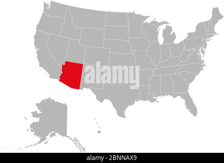 Arizona Staat markiert rot auf USA Karte politischen Vektor. Grauer Hintergrund. Stock Vektor