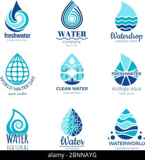 Wasser-Logos. Aqua Wasser Tropfen und Spritzer Silhouette Gesundheit regen Spa Vektor-Symbole isoliert mit Platz für Ihren Text Stock Vektor