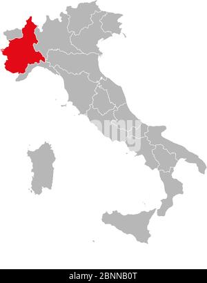 Piemont Region rot auf Italien Kartenvektor hervorgehoben. Grauer Hintergrund. Stock Vektor