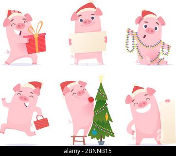 Süßes Schwein. Neujahr 2019 Feier Cartoon Maskottchen Wildschwein Ferkel Vektor Zeichen in Aktion Posen Stock Vektor