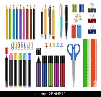 Stationäre Sammlung. Bleistifte schärfen Gummi Schule Ausbildung Werkzeuge oder Büro-Zubehör Artikel Vektor realistische Illustrationen isoliert Stock Vektor