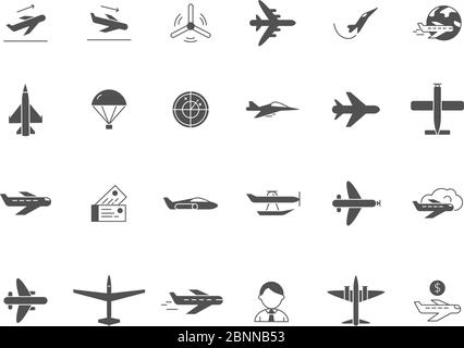 Schwarze Symbole im Flugzeug. Jet-Flugzeuge militärische Kräfte und zivile Luftfahrt Reise-Vektor-Symbole Stock Vektor