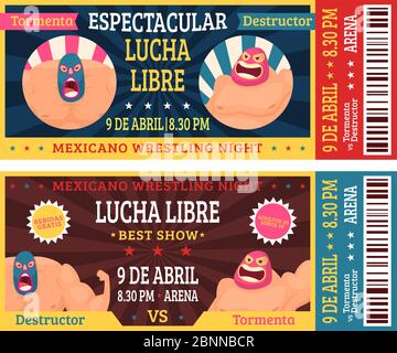 Lucha Libre-Ticket. Mexikanische Ringer in Masken luchador Kampfansage Vektor Design Vorlage Stock Vektor