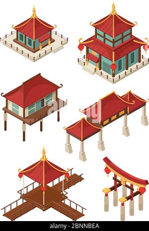 Asiatische Architektur isometrisch. Traditionelle chinesische und japan Häuser Gebäude Dach Vektor 3d-Illustrationen Stock Vektor