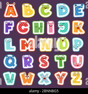 Cartoon Alphabet mit Emotionen. Farbige niedliche Schriftart Zeichen Buchstaben Symbole Zeichen und Zahlen Vektor-Alphabet für Kinder Stock Vektor
