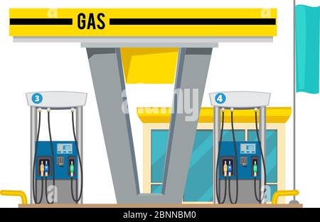 Tankstelle für Gaspumpe. Außen von Shop Gas Erdöl Öle für Autos Vektor Cartoon Hintergrund Stock Vektor