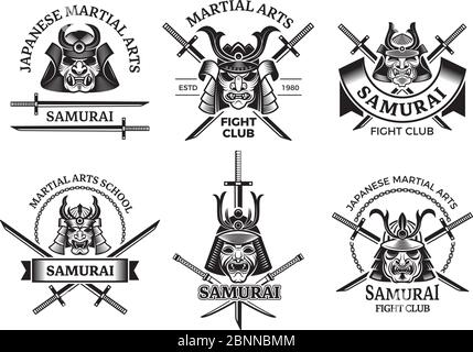 Martial Asian Labels. Samurai agressive Krieger Masken und Schwert Katana Vektor-Etiketten Logo oder Tattoo-Designs Stock Vektor