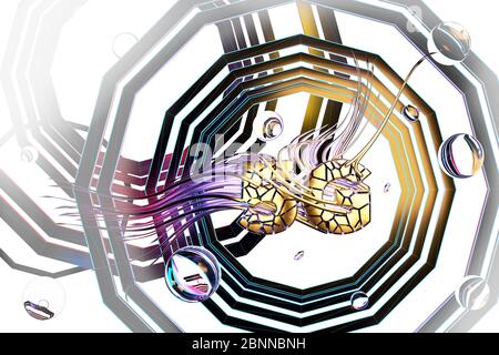 Konzeptuelles Bild der 5g Inschrift durch geknacktes Gold und kreisförmige radiale Radarform dahinter gemacht. 3d-Illustration Hintergrund Stockfoto