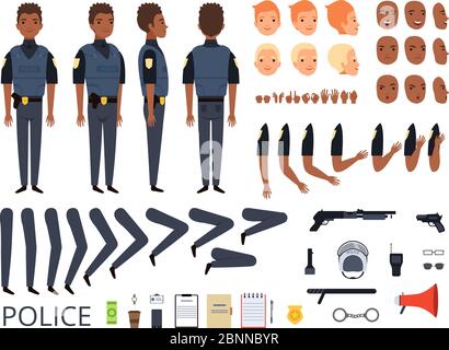 Polizeicharaktere. Detail Schaffung Kit Konstruktor Bodyguard Mann Cop Posen und einheitliche professionelle Kleidung und Werkzeuge Vektor Cartoon Stock Vektor