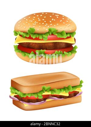 Hamburger und Sandwich. Fast Food realistische Brot mit Zutaten Salat Tomate Mahlzeit Kartoffel Vektor Bild isoliert Stock Vektor