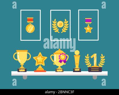 Erfolge in den Regalen. Wandtrophäe goldene Pokale und Medaillen in Rahmen für Sport Sieg Vektor-Konzept Illustrationen im flachen Stil Stock Vektor