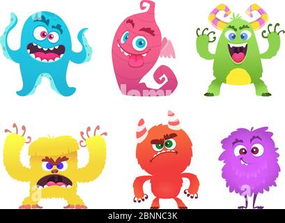 Cartoon Monster. Goblin gremlin Troll gruselig niedlichen Gesichter von farbigen Monster Vektor lustige Charaktere Stock Vektor
