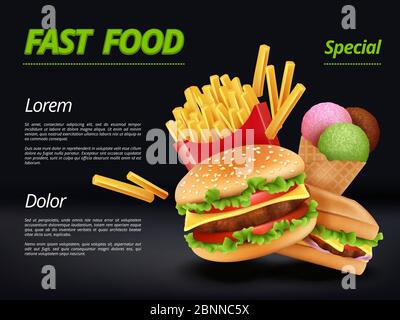 Poster für Fast Food. Burger Zutaten Rindfleisch Tomaten Käse Sandwich Mahlzeit retro Werbung Placard Vektor Vorlage Stock Vektor