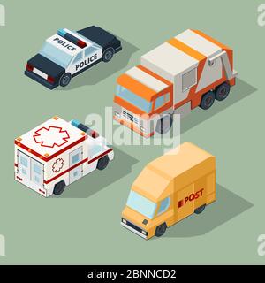 Stadtautos isometrisch. Müll LKW Mail van Polizei und Krankenwagen Vektor Stadtverkehr 3d-Illustrationen Stock Vektor