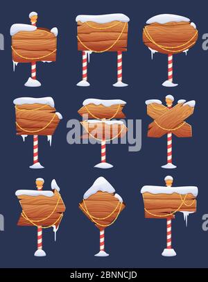 Straßenschilder im Schnee. Hölzerne weihnachtsrichtung Pfeile mit schneebedeckten Kappen weihnachtsschild Nordpol Abenteuer Vektor Bilder Stock Vektor