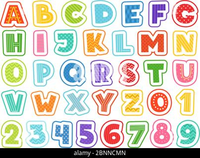 Zeichentrickschrift. Nette farbige Buchstaben Zahlen Zeichen und Symbole für Schulkinder und Kinder Vektor lustige Schriftart Stock Vektor