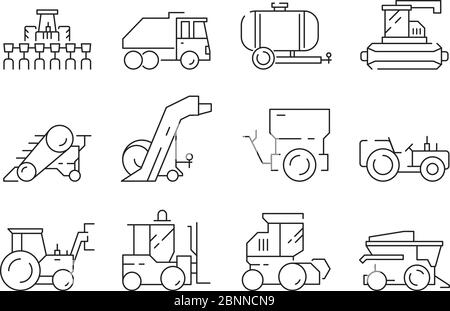 Landwirtschaftliche Fahrzeuge. Traktor Harvester Buldozer Dorf schwere Maschinen Bau Landwirtschaft Vektor-Icons Stock Vektor