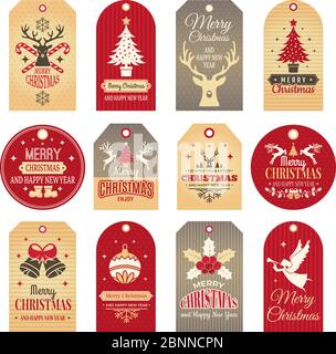 Weihnachtsetiketten. Holiday Tags und Badges mit lustigen Winter Neujahr Elementen und Vektor Schnee Illustrationen Stock Vektor