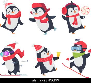 Niedliche Pinguine. Cartoon Figuren Baby süß wild Winter Schnee Tiere Pose Vektor isoliert Stock Vektor