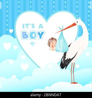 Duschkarte mit Storch. Fliegender Vogel mit neugeborenem Baby Geschenk. Vektor Cartoon Hintergrund für Etiketten Abzeichen Stock Vektor