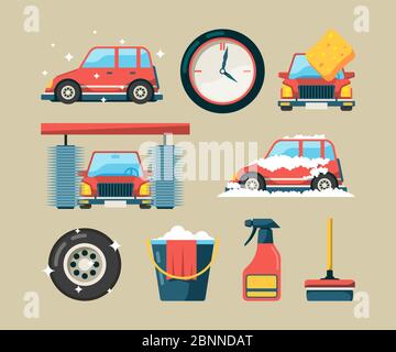 Reinigung Auto waschen Icon Set. Einfache Reinigung Auto waschen