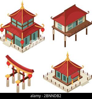 Asiatische Gebäude isometrisch. Chinesisches Tor traditionelle japanische Häuser Pagode Dach shintoismus Vektor 3d Architektur Bilder Stock Vektor