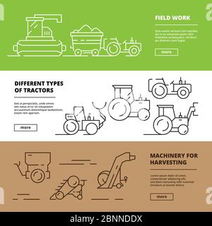 Banner für die Landwirtschaft. Bauernhof Maschinen Erntemaschinen Traktoren agribusiness Fahrzeug Vektor Design-Vorlage Stock Vektor