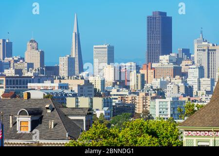 Blick auf die Skyline von San Francisco vom Alamo Square, San Francisco, Kalifornien, USA Stockfoto