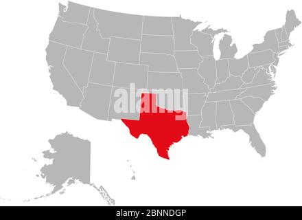 USA-Karte mit Hervorhebung der vektorgrafik des bundesstaates texas. Grauer Hintergrund. Politische Landkarte der Vereinigten Staaten. Stock Vektor