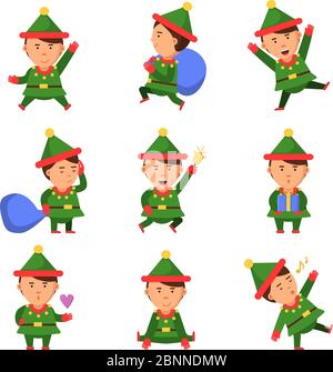 Elf-Zeichen. Xmas Maskottchen Sammlung zwerg santa Helfer Spaß weihnachten Cartoon Vektor Person in Aktion Pose Stock Vektor