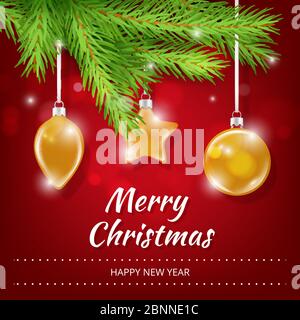 Einladung zum neuen Jahr-Poster. Winter Urlaub realistisch Weihnachten transparent Glas Spielzeug Bälle Geschenke grün Baum Vektor Plakat Platz für Text Stock Vektor