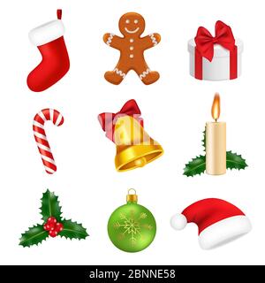 Weihnachtsdekorationen realistisch. 2019 Neujahr 3d Symbole Süßigkeiten grünen Baum Geschenke Schneeflocken santa Vektor-Symbole isoliert Stock Vektor