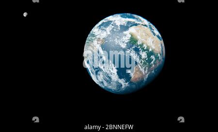 Afrika aus dem All bei Tag - Planet Erde und Mond - der blaue Marmor - 3D Illustration Stockfoto