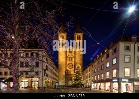 Domstrasse, St. Kilian Dom, Blaue Stunde, Altstadt, Weihnachtsmarkt, Würzburg, Franken, Bayern, Deutschland, Stockfoto