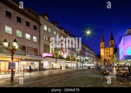 Domstrasse, St. Kilian Dom, Blaue Stunde, Altstadt, Weihnachtsmarkt, Würzburg, Franken, Bayern, Deutschland, Stockfoto