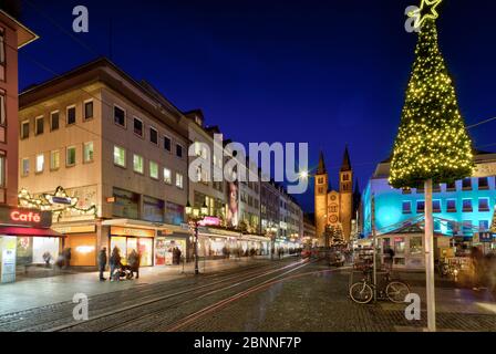 Domstrasse, St. Kilian Dom, Blaue Stunde, Altstadt, Weihnachtsmarkt, Würzburg, Franken, Bayern, Deutschland, Stockfoto