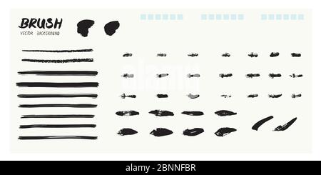 Abstrakte schwarze Farbe Fett Pinsel Textur Set, Hand gezeichnet Strich auf weißem Hintergrund. Grunge modernes Icon-Kit auf weißem Hintergrund isoliert Vektor Stock Vektor