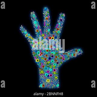 Verschiedene Bakterien und Krankheitserreger auf der menschlichen Hand, die Mikrobiota der Haut, 3d-Abbildung. Stockfoto