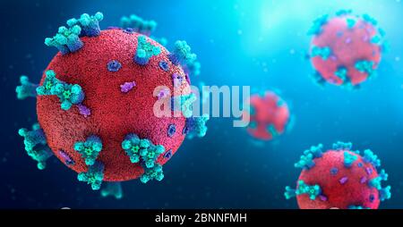 Viele Coronaviren, Ursache von Covid-19, 3d-Darstellung. Stockfoto