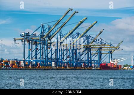 Das Containerschiff dockte am Terminal im Hafen von Cartagena an Stockfoto