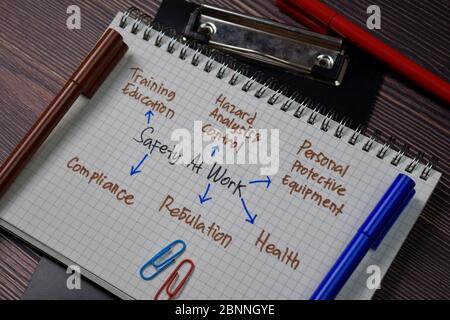 Sicherheit bei der Arbeit Schreiben Sie auf ein Buch mit Stichwörtern isoliert auf Holztisch. Stockfoto