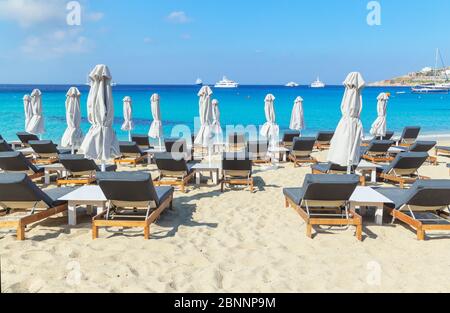 Platis Gialos Strand, Mykonos, Kykladen Inseln, Griechenland Stockfoto