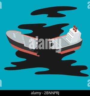 Zerstörtes Öltankschiff. Ölpest im Ozean. Ölleckage ökologische Problem, Verschmutzung Umwelt Konzept. Isometrische Abbildung Stockfoto
