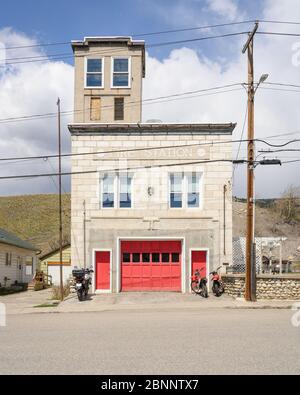 Die alte Feuerhalle in der Innenstadt von Coleman in der Gemeinde Crowsnest in Alberta Stockfoto